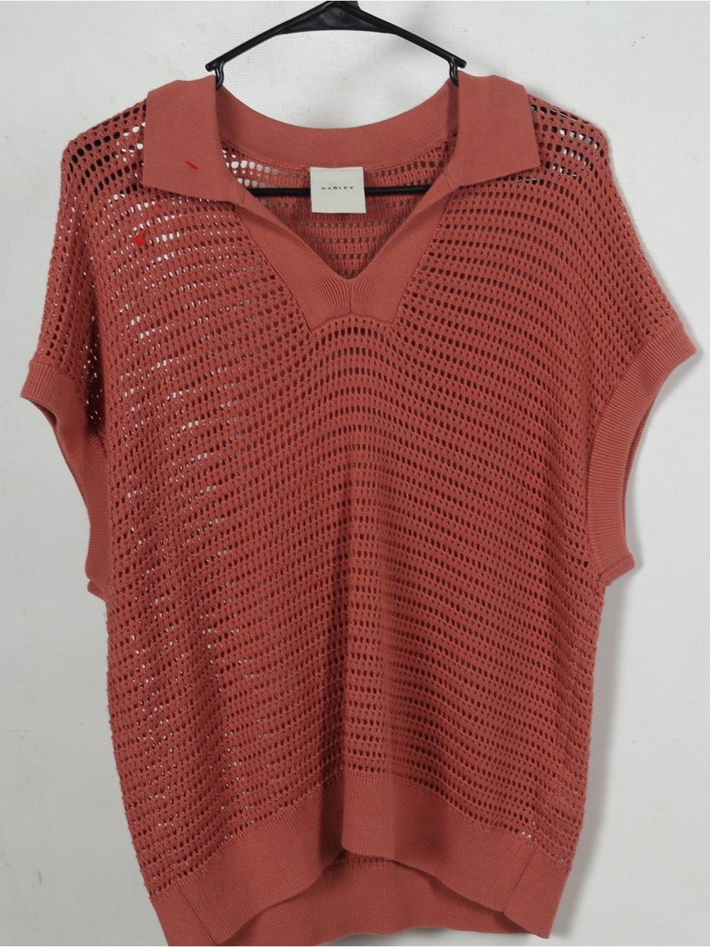Varley Open-Knit Polo Sweater Top in Rust